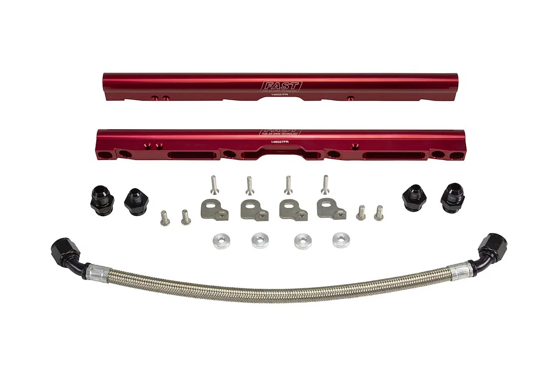 146028-KIT – COMP CAMS Fuel Injector Rail, Anodized Red Billet Aluminum Set of 2 With Black Anodized -8 AN Fittings O...